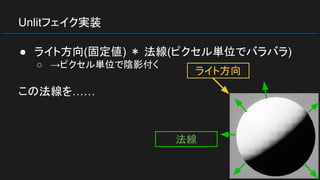 Unlitフェイク実装
● ライト方向(固定値) ＊ 法線(ピクセル単位でバラバラ)
○ →ピクセル単位で陰影付く
この法線を……
ライト方向
法線
 