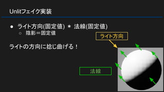 Unlitフェイク実装
● ライト方向(固定値) ＊ 法線(固定値)
○ 陰影＝固定値
ライトの方向に捻じ曲げる！
ライト方向
法線
 