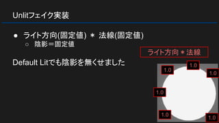 Unlitフェイク実装
● ライト方向(固定値) ＊ 法線(固定値)
○ 陰影＝固定値
Default Litでも陰影を無くせました
1.0
1.0
1.0
1.0
1.0
ライト方向＊法線
1.0
 