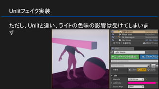 Unlitフェイク実装
ただし、Unlitと違い、ライトの色味の影響は受けてしまいま
す
 