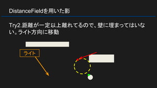 DistanceFieldを用いた影
Try2.距離が一定以上離れてるので、壁に埋まってはいな
い。ライト方向に移動
ライト
 