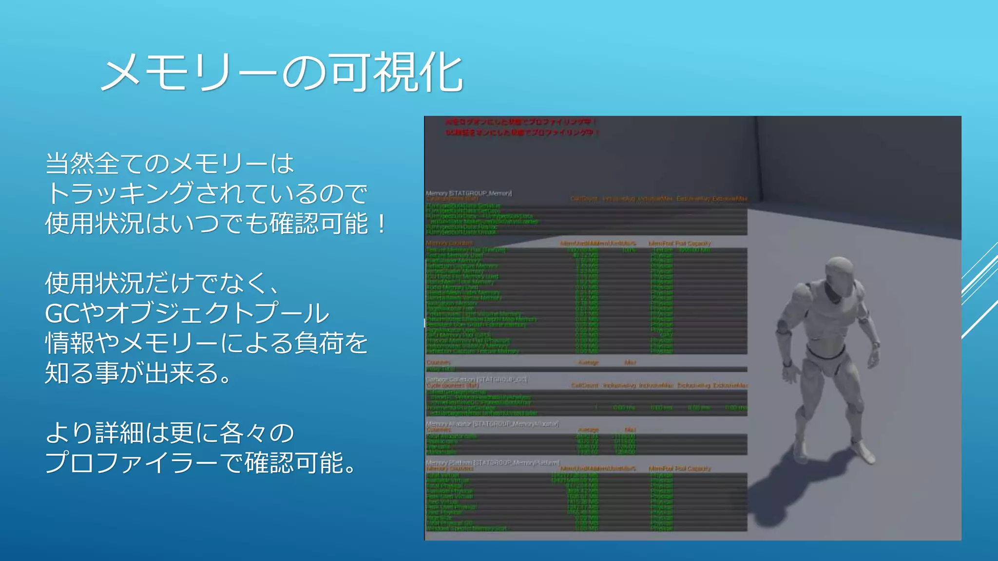 メモリーの可視化
当然全てのメモリーは
トラッキングされているので
使用状況はいつでも確認可能！
使用状況だけでなく、
GCやオブジェクトプール
情報やメモリーによる負荷を
知る事が出来る。
より詳細は更に各々の
プロファイラーで確認可能。
 