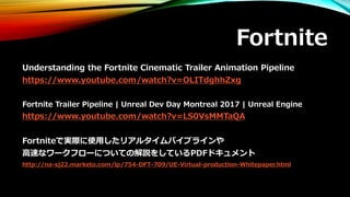 Fortnite
Understanding the Fortnite Cinematic Trailer Animation Pipeline
https://www.youtube.com/watch?v=OLITdghhZxg
Fortnite Trailer Pipeline | Unreal Dev Day Montreal 2017 | Unreal Engine
https://www.youtube.com/watch?v=LS0VsMMTaQA
Fortniteで実際に使用したリアルタイムパイプラインや
高速なワークフローについての解説をしているPDFドキュメント
http://na-sj22.marketo.com/lp/754-DFT-709/UE-Virtual-production-Whitepaper.html
 