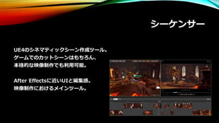 シーケンサー
UE4のシネマティックシーン作成ツール。
ゲームでのカットシーンはもちろん、
本格的な映像制作でも利用可能。
After Effectsに近いUIと編集感。
映像制作におけるメインツール。
 