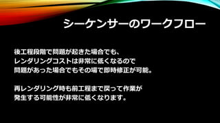 シーケンサーのワークフロー
後工程段階で問題が起きた場合でも、
レンダリングコストは非常に低くなるので
問題があった場合でもその場で即時修正が可能。
再レンダリング時も前工程まで戻って作業が
発生する可能性が非常に低くなります。
 