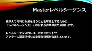 Masterレベルシーケンス
複数人で同時に作業を行うことを可能とするために、
『レベルシーケンス』と呼ばれる作業単位で分割します。
レベルシーケンス内には、カメラカットや
アクターの配置情報など必要な情報が含まれています。
 