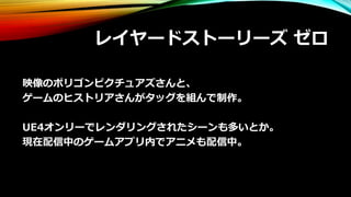 レイヤードストーリーズ ゼロ
映像のポリゴンピクチュアズさんと、
ゲームのヒストリアさんがタッグを組んで制作。
UE4オンリーでレンダリングされたシーンも多いとか。
現在配信中のゲームアプリ内でアニメも配信中。
 