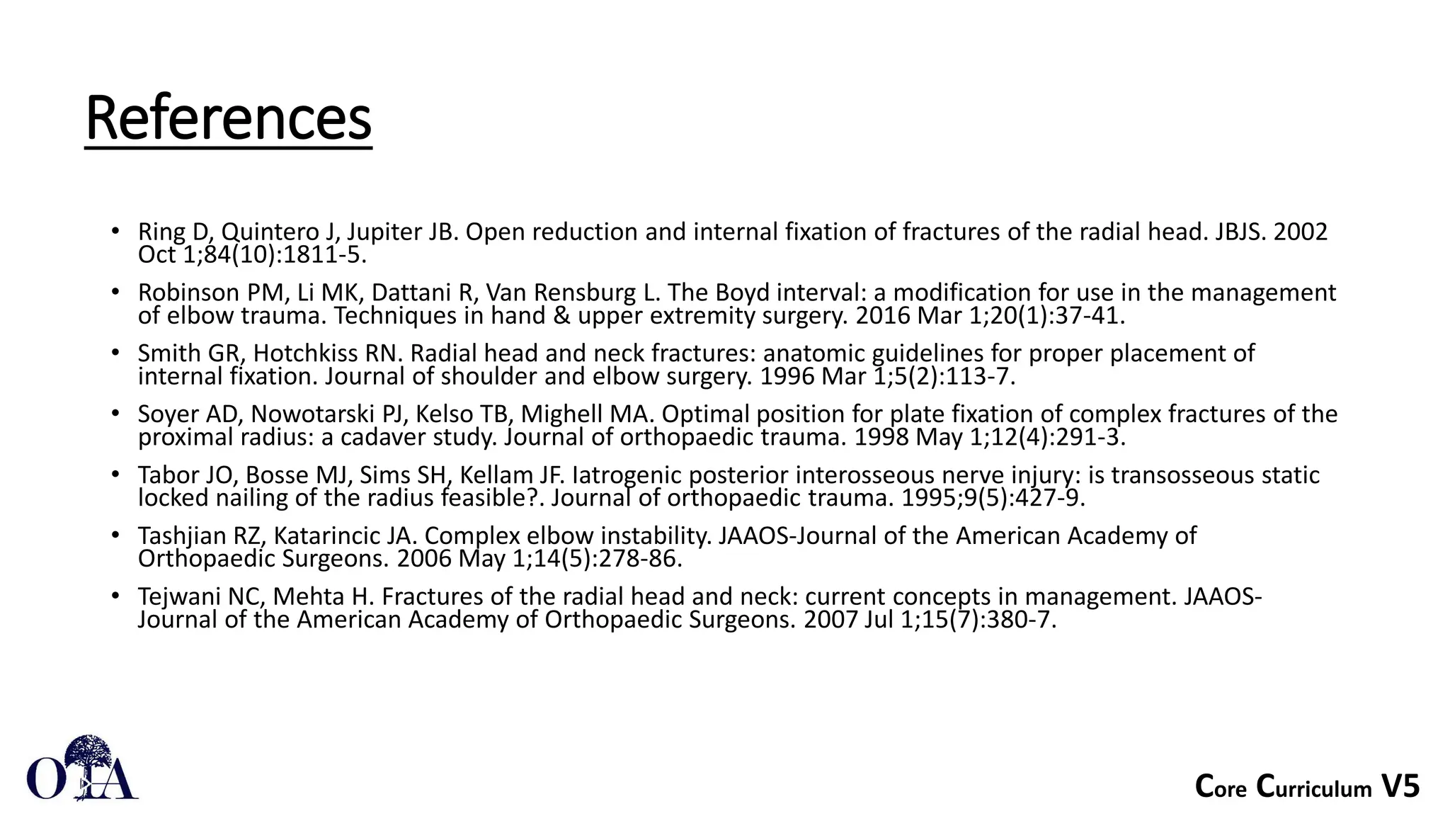 Core Curriculum V5
References
• Ring D, Quintero J, Jupiter JB. Open reduction and internal fixation of fractures of the radial head. JBJS. 2002
Oct 1;84(10):1811-5.
• Robinson PM, Li MK, Dattani R, Van Rensburg L. The Boyd interval: a modification for use in the management
of elbow trauma. Techniques in hand & upper extremity surgery. 2016 Mar 1;20(1):37-41.
• Smith GR, Hotchkiss RN. Radial head and neck fractures: anatomic guidelines for proper placement of
internal fixation. Journal of shoulder and elbow surgery. 1996 Mar 1;5(2):113-7.
• Soyer AD, Nowotarski PJ, Kelso TB, Mighell MA. Optimal position for plate fixation of complex fractures of the
proximal radius: a cadaver study. Journal of orthopaedic trauma. 1998 May 1;12(4):291-3.
• Tabor JO, Bosse MJ, Sims SH, Kellam JF. Iatrogenic posterior interosseous nerve injury: is transosseous static
locked nailing of the radius feasible?. Journal of orthopaedic trauma. 1995;9(5):427-9.
• Tashjian RZ, Katarincic JA. Complex elbow instability. JAAOS-Journal of the American Academy of
Orthopaedic Surgeons. 2006 May 1;14(5):278-86.
• Tejwani NC, Mehta H. Fractures of the radial head and neck: current concepts in management. JAAOS-
Journal of the American Academy of Orthopaedic Surgeons. 2007 Jul 1;15(7):380-7.
 