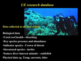 UE research database




Data collected at all sites visited

Biological data
•Coral reef health - bleaching
•Key species presence and abundance
•indicator species - Crown of thorns
•threatened species - turtles
•feature diver interest animals – cuttlefish
Physical data eg. Temp, currents, tides
 