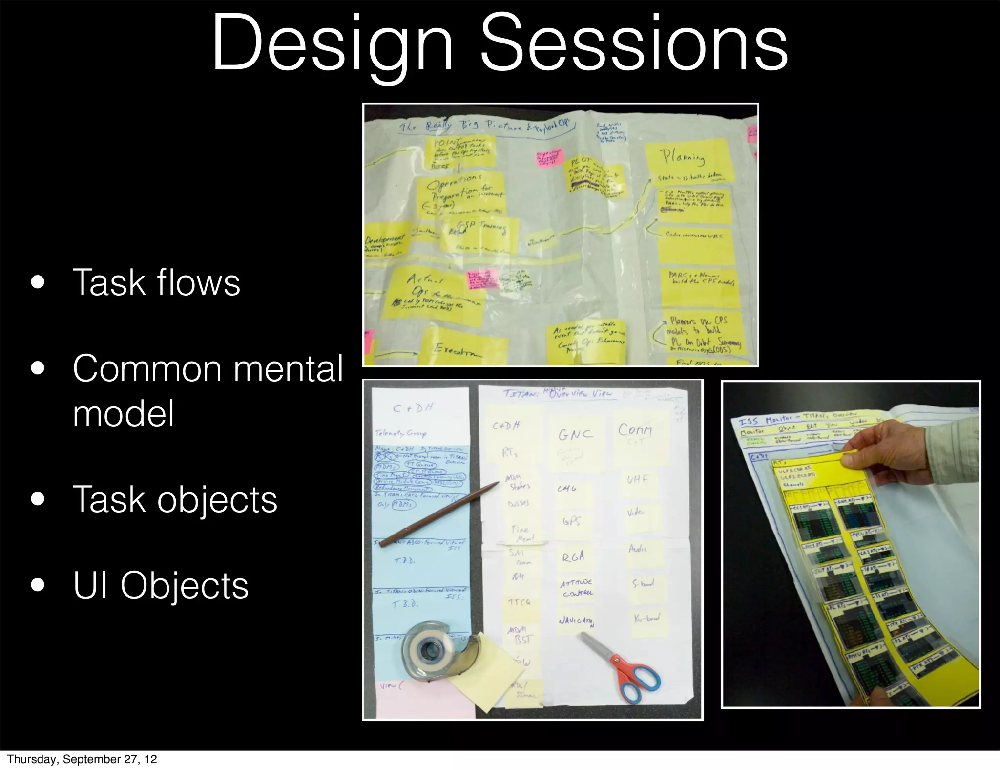 Design Sessions

   • Task ﬂows

   • Common mental
     model

   • Task objects

   • UI Objects


                                  jtrimble2@gmail.com


Thursday, September 27, 12
 