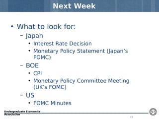 Next Week
• What to look for:
–

Japan
●
●

–

BOE
●
●

–

Interest Rate Decision
Monetary Policy Statement (Japan’s
FOMC)
CPI
Monetary Policy Committee Meeting
(UK’s FOMC)

US
●

FOMC Minutes

Undergraduate Economics
Association

15

 