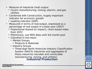• Measure of industrial (real) output
●
Covers manufacturing, mining, electric, and gas
utilities
• Combined with Construction, hugely important
indicator for economic growth
●
Leading indicator (GDP)
• Measured in terms of real output, expressed as a
percentage of real output in a base year (2007)
●
Proportional (based on impact), chain-based index
from 1972
●
Preliminary, sub 90% data until 3rd month post
●
Classified in two ways:
●
Market Groups
●
Products & Materials
●
Industry Groups
●
Three-digit North American Industry Classification
System (NAICS) industries and aggregates of
these industries (durable and nondurable
manufacturing, mining, and utilities)

Industrial Production

Undergraduate Economics
Association

4

 