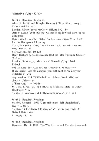 ‘Narrative 1’, pp.452-470
Week 4: Required Reading:
Allen, Robert C and Douglas Gomery (1985) Film History:
Theory and Practice.
London & New York: McGraw Hill, pp.172-189
Ohmer, Susan (2006) George Gallup in Hollywood. New York:
Columbia
University Press. Ch.1 ‘What Do Audiences Want?’, pp.1-12
Further Background Reading
Cook, Pam (ed.) (2007) The Cinema Book (3rd ed.) London:
BFI, 'Part 2: The
Star System', pp.110-125
Dyer, Richard (2003) Heavenly Bodies: Film Stars and Society
(2nd ed.)
London: Routledge, ‘Monroe and Sexuality’, pp.17-63
E-Book:
http://lib.myilibrary.com/Open.aspx?id=419648&src=0.
If accessing from off-campus, you will need to ‘select your
institution’ (you
may need to click ‘Shibboleth’ or ‘Athens’ to do this) and
choose ‘University
of East Anglia’ to log-in
McDonald, Paul (2013) Hollywood Stardom. Malden: Wiley-
Blackwell, ‘The
Symbolic Commerce of Hollywood Stardom’, pp.11-40
Week 5: Required Reading:
Maltby, Richard (1996) ‘Censorship and Self-Regulation’,
Geoffrey Nowell-
Smith (ed.) The Oxford History of World Cinema. Oxford:
Oxford University
Press, pp.235-248
Week 6: Required Reading:
Bordwell, David (2006) The Way Hollywood Tells It: Story and
 