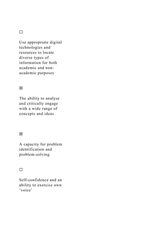 ☐
Use appropriate digital
technologies and
resources to locate
diverse types of
information for both
academic and non-
academic purposes
☒
The ability to analyse
and critically engage
with a wide range of
concepts and ideas
☒
A capacity for problem
identification and
problem-solving
☐
Self-confidence and an
ability to exercise own
‘voice’
 