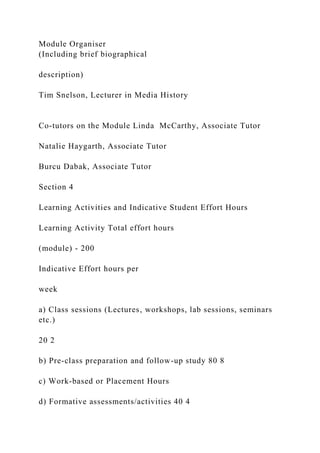 Module Organiser
(Including brief biographical
description)
Tim Snelson, Lecturer in Media History
Co-tutors on the Module Linda McCarthy, Associate Tutor
Natalie Haygarth, Associate Tutor
Burcu Dabak, Associate Tutor
Section 4
Learning Activities and Indicative Student Effort Hours
Learning Activity Total effort hours
(module) - 200
Indicative Effort hours per
week
a) Class sessions (Lectures, workshops, lab sessions, seminars
etc.)
20 2
b) Pre-class preparation and follow-up study 80 8
c) Work-based or Placement Hours
d) Formative assessments/activities 40 4
 