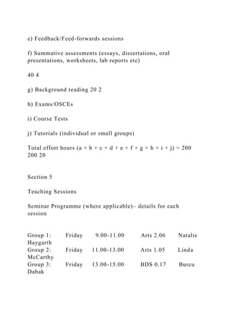 e) Feedback/Feed-forwards sessions
f) Summative assessments (essays, dissertations, oral
presentations, worksheets, lab reports etc)
40 4
g) Background reading 20 2
h) Exams/OSCEs
i) Course Tests
j) Tutorials (individual or small groups)
Total effort hours (a + b + c + d + e + f + g + h + i + j) = 200
200 20
Section 5
Teaching Sessions
Seminar Programme (where applicable)– details for each
session
Group 1: Friday 9.00-11.00 Arts 2.06 Natalie
Haygarth
Group 2: Friday 11.00-13.00 Arts 1.05 Linda
McCarthy
Group 3: Friday 13.00-15.00 BDS 0.17 Burcu
Dabak
 