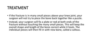 TREATMENT
• If the fracture is in many small pieces above your knee joint, your
surgeon will not try to piece the bone back together like a puzzle.
• Instead, your surgeon will fix a plate or rod at both ends of the
fracture without touching the many small pieces. This will keep the
overall shape and length of the bone correct while it heals. The
individual pieces will then fill in with new bone, called a callous.
 