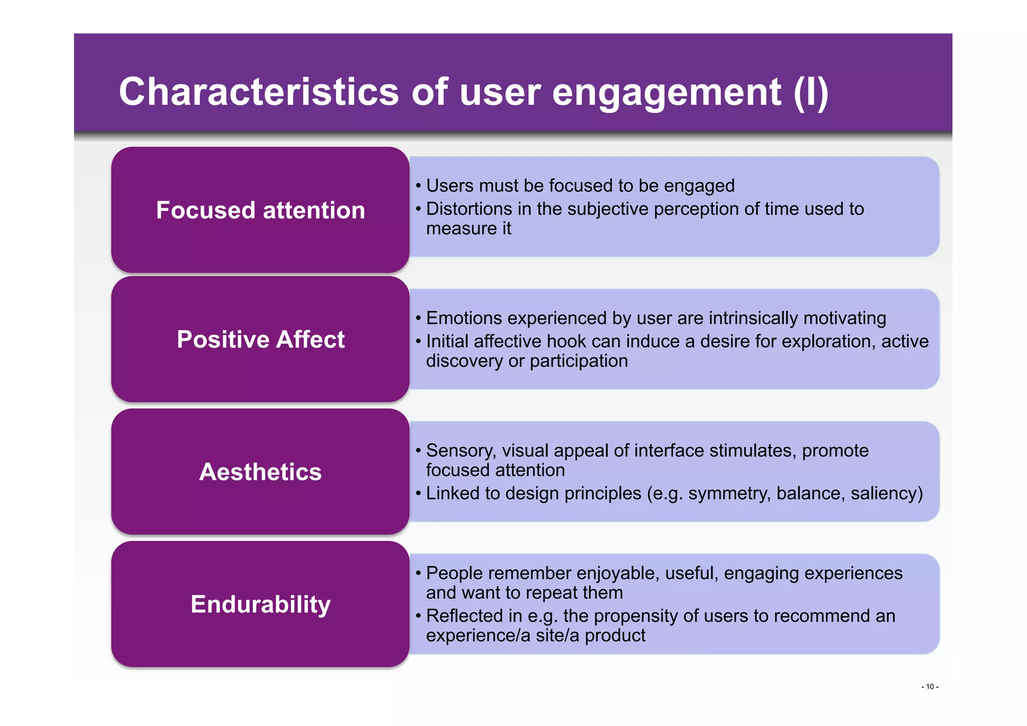 Characteristics of user engagement (I)

                      •  Users must be focused to be engaged
  Focused attention   •  Distortions in the subjective perception of time used to
                         measure it



                      •  Emotions experienced by user are intrinsically motivating
   Positive Affect    •  Initial affective hook can induce a desire for exploration, active
                         discovery or participation



                      •  Sensory, visual appeal of interface stimulates, promote
     Aesthetics          focused attention
                      •  Linked to design principles (e.g. symmetry, balance, saliency)



                      •  People remember enjoyable, useful, engaging experiences
                         and want to repeat them
    Endurability      •  Reflected in e.g. the propensity of users to recommend an
                         experience/a site/a product

                                                                                         - 10 -
 