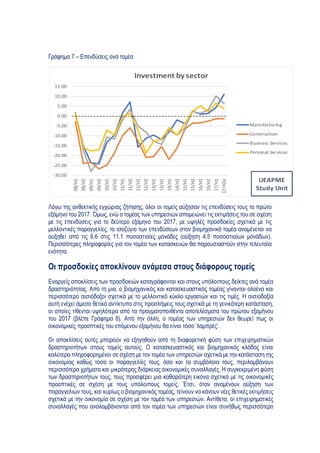  
 
Γράφημα 7 – Επενδύσεις ανά τομέα
Λόγω της ανθεκτικής εγχώριας ζήτησης, όλοι οι τομείς αύξησαν τις επενδύσεις τους το πρώτο
εξάμηνο του 2017. Όμως, ενώ ο τομέας των υπηρεσιών απομειώνει τις εκτιμήσεις του σε σχέση
με τις επενδύσεις για το δεύτερο εξάμηνο του 2017, με υψηλές προσδοκίες σχετικά με τις
μελλοντικές παραγγελίες, το ισοζύγιο των επενδύσεων στον βιομηχανικό τομέα αναμένεται να
αυξηθεί από τις 6.6 στις 11.1 ποσοστιαίες μονάδες (αύξηση 4.5 ποσοστιαίων μονάδων).
Περισσότερες πληροφορίες για τον τομέα των κατασκευών θα παρουσιαστούν στην τελευταία
ενότητα.
Οι προσδοκίες αποκλίνουν ανάμεσα στους διάφορους τομείς
Εναργείς αποκλίσεις των προσδοκιών καταγράφονται και στους υπόλοιπους δείκτες ανά τομέα
δραστηριότητας. Από τη μια, ο βιομηχανικός και κατασκευαστικός τομέας γίνονται ολοένα και
περισσότερο αισιόδοξοι σχετικά με το μελλοντικό κύκλο εργασιών και τις τιμές. Η αισιοδοξία
αυτή ενέχει άμεσο θετικό αντίκτυπο στις προσλήψεις τους σχετικά με τη γενικότερη κατάσταση,
οι οποίες τίθενται υψηλότερα από τα πραγματοποιθέντα αποτελέσματα του πρώτου εξαμήνου
του 2017 (βλέπε Γράφημα 8). Από την άλλη, ο τομέας των υπηρεσιών δεν θεωρεί πως οι
οικονομικές προοπτικές του επόμενου εξαμήνου θα είναι τόσο ‘λαμπρές’.
Οι αποκλίσεις αυτές μπορούν να εξηγηθούν από τη διαφορετική φύση των επιχειρηματικών
δραστηριοτήτων στους τομείς αυτούς. Ο κατασκευαστικός και βιομηχανικός κλάδος είναι
καλύτερα πληροφορημένοι σε σχέση με τον τομέα των υπηρεσιών σχετικά με την κατάσταση της
οικονομίας καθώς τόσο οι παραγγελίες τους, όσο και τα συμβόλαια τους, περιλαμβάνουν
περισσότερα χρήματα και μικρότερης διάρκειας οικονομικές συναλλαγές. Η συγκεκριμένη φύση
των δραστηριοτήτων τους, τους προσφέρει μια καθαρότερη εικόνα σχετικά με τις οικονομικές
προοπτικές σε σχέση με τους υπόλοιπους τομείς. Έτσι, όταν αναμένουν αύξηση των
παραγγελιών τους, και κυρίως ο βιομηχανικός τομέας, τείνουν να κάνουν νέες θετικές εκτιμήσεις
σχετικά με την οικονομία σε σχέση με τον τομέα των υπηρεσιών. Αντίθετα, οι επιχειρηματικές
συναλλαγές που αναλαμβάνονται από τον τομέα των υπηρεσιών είναι συνήθως περισσότερο
‐30.00
‐25.00
‐20.00
‐15.00
‐10.00
‐5.00
0.00
5.00
10.00
15.00
08/H1
08/H2
09/H1
09/H2
10/H1
10/H2
11/H1
11/H2
12/H1
12/H2
13/H1
13/H2
14/H1
14/H2
15/H1
15/H2
16/H1
16/H2
17/H1
17/H2e
Investment by sector
Manufacturing
Construction
Business Services
Personal Services
UEAPME
Study Unit
 