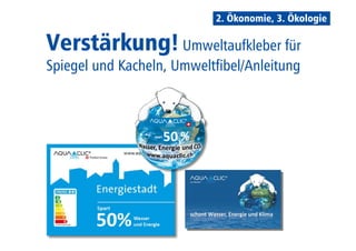 2. Ökonomie, 3. Ökologie 
Verstärkung! Umweltaufkleber für 
Spiegel und Kacheln, Umweltfibel/Anleitung 
 