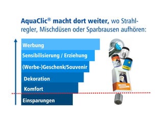AquaClic® macht dort weiter, wo Strahl-regler, 
Mischdüsen oder Sparbrausen aufhören: 
Werbung 
Sensibilisierung / Erziehung 
(Werbe-)Geschenk/Souvenir 
Dekoration 
Komfort 
Einsparungen 
 