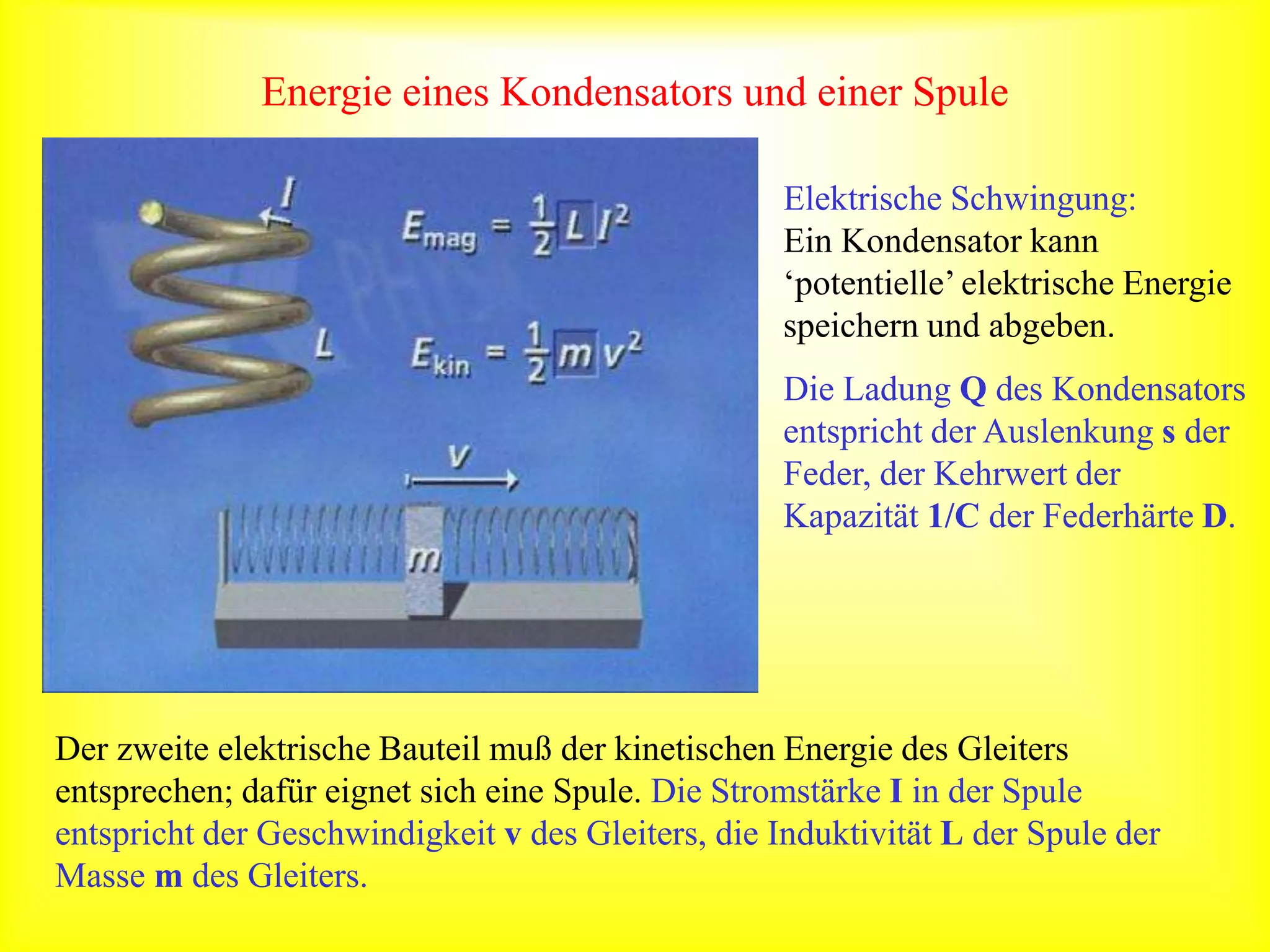 Energie eines Kondensators und einer Spule
Elektrische Schwingung:
Ein Kondensator kann
‘potentielle’ elektrische Energie
speichern und abgeben.
Die Ladung Q des Kondensators
entspricht der Auslenkung s der
Feder, der Kehrwert der
Kapazität 1/C der Federhärte D.
Der zweite elektrische Bauteil muß der kinetischen Energie des Gleiters
entsprechen; dafür eignet sich eine Spule. Die Stromstärke I in der Spule
entspricht der Geschwindigkeit v des Gleiters, die Induktivität L der Spule der
Masse m des Gleiters.
 