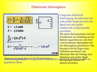 Elektrischer Schwingkreis
Langsame elektrische
Schwingung: Kondensator mit
sehr großer Kapazität und eine
Spule mit sehr großer
Induktivität werden parallel
geschaltet.
Mit einem Wechselschalter wird der
Kondensator zur Aufladung an eine
Batterie angeschlossen; zum Start
wird die Batterie abgekoppelt und
der Schwingkreis geschlossen. Nun
bewegen sich die Zeiger eines
Voltmeters periodisch vom
Maximum über die Nulllage zum
Minimum und zurück. Beide
Bewegungen sind um 900
phasenverschoben.
Thomson-Formel: Formel für Periodendauer
Anwendungsbeispiel: vorgegebene Tonfrequenz, welcher Kondensator paßt zur
gegebenen Spule
 