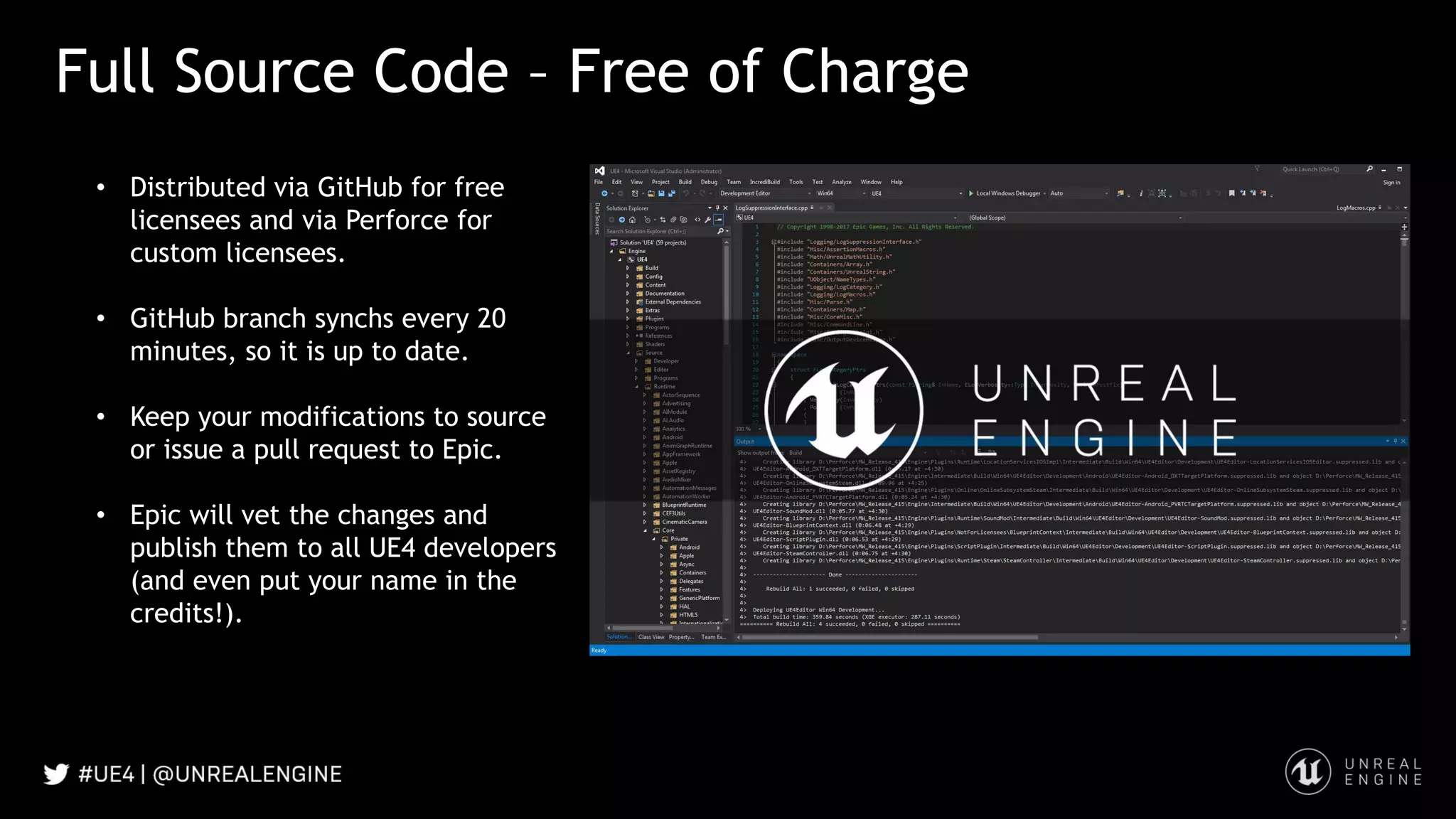 Full Source Code – Free of Charge
• Distributed via GitHub for free
licensees and via Perforce for
custom licensees.
• GitHub branch synchs every 20
minutes, so it is up to date.
• Keep your modifications to source
or issue a pull request to Epic.
• Epic will vet the changes and
publish them to all UE4 developers
(and even put your name in the
credits!).
 