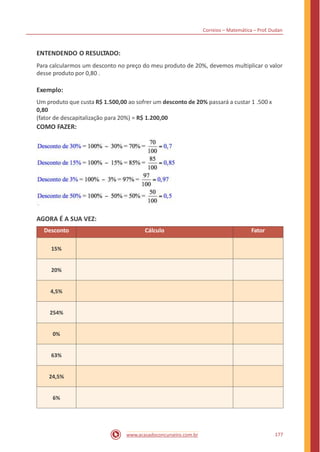 Correios – Matemática – Prof. Dudan
ENTENDENDO O RESULTADO:
Para calcularmos um desconto no preço do meu produto de 20%, devemos multiplicar o valor
desse produto por 0,80 .
Exemplo:
Um produto que custa R$ 1.500,00 ao sofrer um desconto de 20% passará a custar 1 .500 x
0,80
(fator de descapitalização para 20%) = R$ 1.200,00
COMO FAZER:
AGORA É A SUA VEZ:
177www.acasadoconcurseiro.com.br
Desconto Cálculo Fator
15%
20%
4,5%
254%
0%
63%
24,5%
6%
 