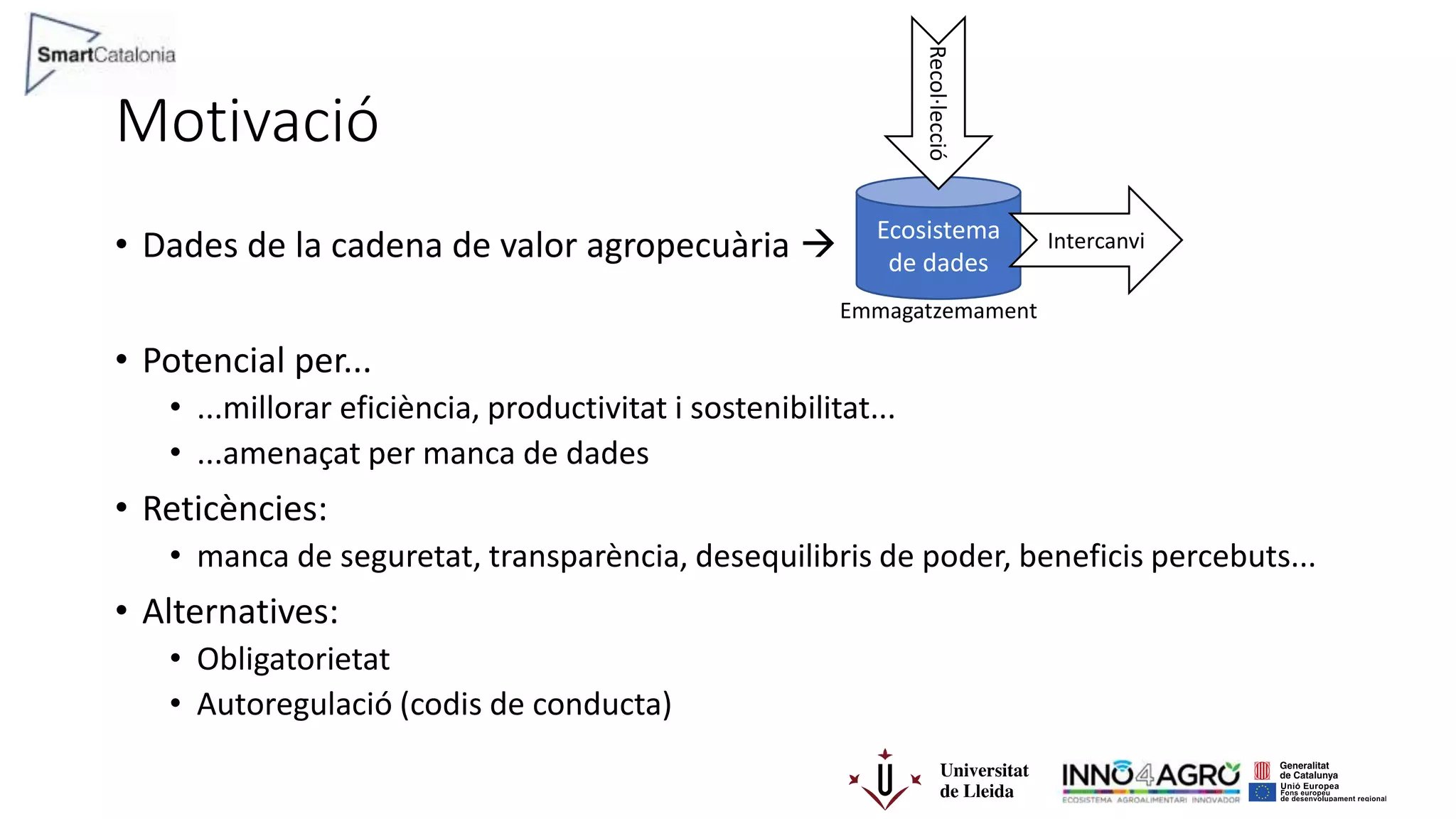 Motivació
• Dades de la cadena de valor agropecuària 
• Potencial per...
• ...millorar eficiència, productivitat i sostenibilitat...
• ...amenaçat per manca de dades
• Reticències:
• manca de seguretat, transparència, desequilibris de poder, beneficis percebuts...
• Alternatives:
• Obligatorietat
• Autoregulació (codis de conducta)
Ecosistema
de dades
Recol·lecció
Emmagatzemament
Intercanvi
 