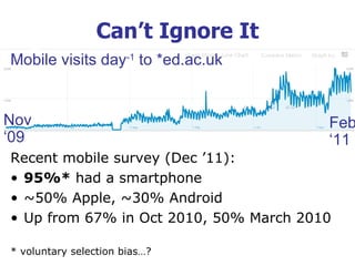 Can’t Ignore It
Mobile visits day-1 to *ed.ac.uk
Nov Feb
‘09 ‘11
Recent mobile survey (Dec ’11):
• 95%* had a smartphone
• ~50% Apple, ~30% Android
• Up from 67% in Oct 2010, 50% March 2010
* voluntary selection bias…?