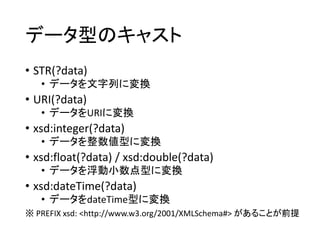 データ型のキャスト 
•STR(?data) 
•データを文字列に変換 
•URI(?data) 
•データをURIに変換 
•xsd:integer(?data) 
•データを整数値型に変換 
•xsd:float(?data) / xsd:double(?data) 
•データを浮動小数点型に変換 
•xsd:dateTime(?data) 
•データをdateTime型に変換 
※PREFIX xsd:<http://www.w3.org/2001/XMLSchema#> があることが前提  