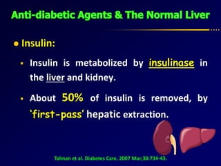  Insulin:
 Insulin is metabolized by insulinase in
the liver and kidney.
 About 50% of insulin is removed, by
‘first-pass’ hepatic extraction.
Tolman et al. Diabetes Care. 2007 Mar;30:734-43.
 