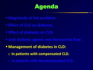 Agenda
 Magnitude of the problem.
 Effect of CLD on diabetes.
 Effect of diabetes on CLD.
 Anti-diabetic agents and the normal liver.
 Management of diabetes in CLD:
o In patients with compensated CLD.
o In patients with decompensated CLD.
 