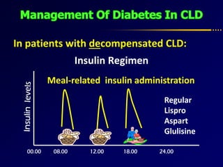 In patients with decompensated CLD:
Insulin Regimen
Meal-related insulin administration
00.00 08.00 12.00 18.00 24.00
Regular
Lispro
Aspart
Glulisine
 