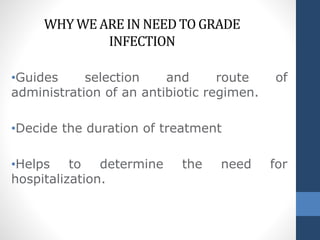 •Guides selection and route of
administration of an antibiotic regimen.
•Decide the duration of treatment
•Helps to determine the need for
hospitalization.
WHY WE ARE IN NEED TO GRADE
INFECTION
 