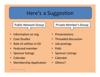 Here’s a Suggestion
       Public Network Group               Private Member’s Group

•    Information on org.              •   Presentations
•    Case Studies                     •   Threaded discussion
•    Role of utilities in ED          •   Job postings
•    Featured member                  •   Polls
•    Sponsor listings                 •   Sponsor Listings
•    Calendar                         •   Calendar
•    Membership Application           •   Others?
2010 © ED Solutions, Inc.                                          7
 