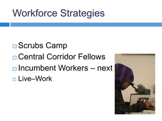 Workforce Strategies 
 Scrubs Camp 
 Central Corridor Fellows 
 Incumbent Workers – next up 
 Live–Work 
 