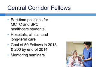 Central Corridor Fellows 
• Part time positions for 
MCTC and SPC 
healthcare students 
• Hospitals, clinics, and 
long-term care 
• Goal of 50 Fellows in 2013 
& 200 by end of 2014 
• Mentoring seminars 
 