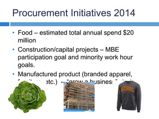 Procurement Initiatives 2014 
• Food – estimated total annual spend $20 
million 
• Construction/capital projects – MBE 
participation goal and minority work hour 
goals. 
• Manufactured product (branded apparel, 
furniture, etc.) -- “grow a business” strategy 
 