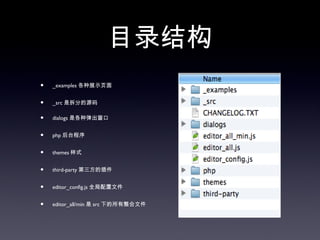 目录结构
•   _examples 各种展示页面


•   _src 是拆分的源码

•   dialogs 是各种弹出窗口


•   php 后台程序


•   themes 样式


•   third-party 第三方的插件


•   editor_config.js 全局配置文件


•   editor_all/min 是 src 下的所有整合文件
 