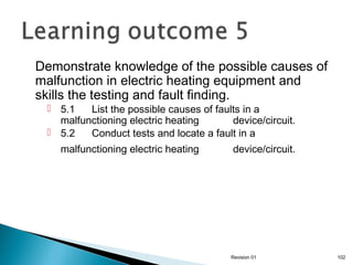 Demonstrate knowledge of the possible causes of
malfunction in electric heating equipment and
skills the testing and fault finding.
 5.1
List the possible causes of faults in a
malfunctioning electric heating
device/circuit.
 5.2
Conduct tests and locate a fault in a
malfunctioning electric heating

device/circuit.

Revision 01

102

 