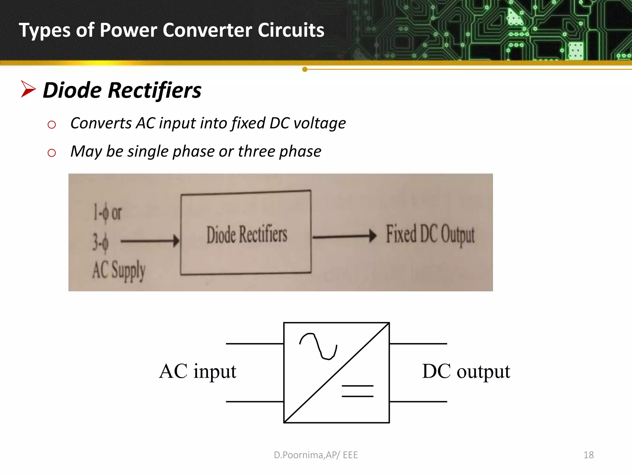 Types of Power Converter Circuits
 Diode Rectifiers
o Converts AC input into fixed DC voltage
o May be single phase or three phase
D.Poornima,AP/ EEE 18
AC input DC output
 