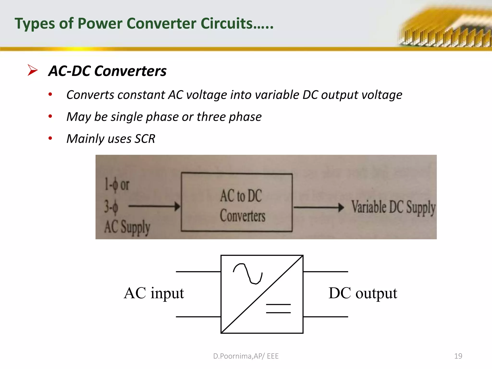  AC-DC Converters
• Converts constant AC voltage into variable DC output voltage
• May be single phase or three phase
• Mainly uses SCR
Types of Power Converter Circuits…..
D.Poornima,AP/ EEE 19
AC input DC output
 
