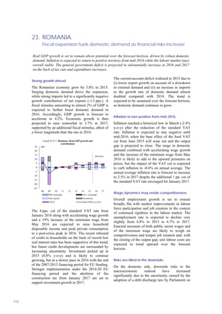 23. ROMANIA
Fiscal expansion fuels domestic demand as financial risks increase
110
Strong growth ahead
The Romanian economy grew by 3.8% in 2015.
Surging domestic demand drove the expansion,
while strong imports led to a significantly negative
growth contribution of net exports (-1.5 pps.). A
fiscal stimulus amounting to almost 2% of GDP is
expected to further boost domestic demand in
2016. Accordingly, GDP growth is forecast to
accelerate to 4.2%. Economic growth is then
projected to ease somewhat to 3.7% in 2017,
supported by an additional fiscal stimulus, albeit of
a lower magnitude than the one in 2016.
-25
-20
-15
-10
-5
0
5
10
15
20
25
08 09 10 11 12 13 14 15 16 17
pps.
Graph II.23.1: Romania- Real GDP growth and
contributions
HH consumpt. Gov. consumpt.
Net exports Inventories
GFCF Real GDP (y-o-y%)
forecast
The 4 pps. cut of the standard VAT rate from
January 2016 along with accelerating wage growth
and a 19% increase of the minimum wage from
May 2016 are expected to raise household
disposable income and push private consumption
to a post-crisis peak in 2016. The recent rebound
of credit to households on the back of record low
real interest rates has been supportive of this trend,
but future credit developments are surrounded by
increasing uncertainty. Investment picked up in
2015 (8.8% y-o-y) and is likely to continue
growing, but at a slower pace in 2016 with the end
of the 2007-2013 financing period for EU funding.
Stronger implementation under the 2014-20 EU
financing period and the abolition of the
construction tax from January 2017 are set to
support investment growth in 2017.
The current-account deficit widened in 2015 due to
(i) lower export growth on account of a slowdown
in external demand and (ii) an increase in imports
as the growth rate of domestic demand almost
doubled compared with 2014. The trend is
expected to be sustained over the forecast horizon,
as domestic demand continues to grow.
Inflation to turn positive from mid-2016
Inflation reached a historical low in March (-2.4%
y-o-y) after the reduction of the standard VAT
rate. Inflation is expected to stay negative until
mid-2016, when the base effect of the food VAT
cut from June 2015 will wear out and the output
gap is projected to close. The surge in domestic
demand combined with accelerating wage growth
and the increase of the minimum wage from May
2016 is likely to add to the upward pressures on
prices, but the impact of the VAT cut is expected
to curb inflation to -0.6% on annual average. The
annual average inflation rate is forecast to increase
to 2.5% in 2017 despite the additional 1 pp. cut of
the standard VAT rate envisaged for January 2017.
Wage dynamics may erode competitiveness
Overall employment growth is set to remain
broadly flat with modest improvements in labour
force participation and job creation in the context
of continued rigidities in the labour market. The
unemployment rate is expected to decline very
slightly from 6.8% in 2015 to 6.7% in 2017.
Enacted increases of both public sector wages and
of the minimum wage are likely to weigh on
competitiveness and temper job creation and, with
the closing of the output gap, unit labour costs are
expected to trend upward over the forecast
horizon.
Risks are tilted to the downside
On the domestic side, downside risks to the
macroeconomic outlook have increased
significantly due to the uncertainty caused by the
adoption of a debt discharge law by Parliament on
Real GDP growth is set to remain above potential over the forecast horizon, driven by robust domestic
demand. Inflation is expected to return to positive territory from mid-2016 while the labour market stays
overall stable. The general government deficit is projected to substantially increase in 2016 and 2017
on the back of tax cuts and expenditure increases.
 
