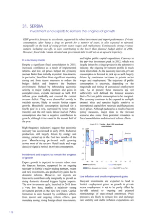 31. SERBIA
Investment and exports to remain the engines of growth
128
In a recovery mode
Despite a significant fiscal consolidation in 2015,
increased confidence as a result of implemented
reforms and low oil prices helped the economy
recover faster than initially expected. Investments,
in particular, benefitted from significant monetary
easing and from recent measures to reduce the
budget deficit and improve the business
environment. Helped by rebounding economic
activity in major trading partners and gains in
competitiveness, exports increased as well. FDI
inflows grew markedly and covered the current
account deficit. They were channelled mainly in
tradable sectors, likely to sustain further export
growth. Household consumption declined for a
fourth year in a row, supressed by lower public
transfers and the still weak labour market. Public
consumption also had a negative contribution to
growth, although it increased in the second half of
the year.
High-frequency indicators suggest that economic
recovery has accelerated in early 2016. Industrial
production, still largely driven by energy and
mining, picked up in the first two months of the
year. Manufacturing performed well, growing
across most of the sectors. Retail trade and wage
data also signal a revival in private consumption.
Investment and exports to remain the engines
of growth
Export growth is expected to remain robust over
the forecast horizon, supported by an ongoing
recovery in Serbia’s major trading partners, recent
and new investments, and productivity gains due to
domestic reforms. However, net exports are
forecast to contribute only marginally to growth as
rising domestic demand triggers higher imports.
The new investment cycle, launched in 2015 from
a very low base, implies a relatively strong
investment growth in the next few years. Capital
formation is seen boosted by confidence effects
from recent and ongoing reform efforts, past
monetary easing, rising foreign direct investments,
and higher public capital expenditure. Contrary to
the previous investment peak in 2012, which was
largely driven by a single project in the automotive
industry, the ongoing investment profile is much
more diversified. As the economy recovers, private
consumption is forecast to pick up as well, largely
driven by continuous increases in private sector
wages and employment. The trajectory of public
consumption is uncertain, depending on the
magnitude and timing of announced employment
cuts. As at present these measures are not
sufficiently well defined, the forecast assumes
their effect on public consumption to be marginal.
The economy continues to be exposed to multiple
external risks and remains highly sensitive to
international capital flow reversals and fluctuations
in oil prices. Although reduced as a result of recent
policy measures, major risks to the forecast
scenario also come from potential relaxation in
fiscal consolidation and structural reform efforts.
-15
-10
-5
0
5
10
08 09 10 11 12 13 14 15 16 17
Graph II.31.1: Serbia - Real GDP growth and
contributions
Inventories Net exports
Dom. demand, excl. invent. Real GDP (y-o-y%)
forecast
pps.
Low inflation and small employment gains
Buoyant investments are expected to lead to
limited employment gains, as growth in private
sector employment is set to be partly offset by
lay-offs related to ongoing and planned
restructurings of state-owned enterprises. Price
pressures are likely to remain low and exchange
rate stability and stable inflation expectations are
GDP growth is forecast to accelerate, supported by robust investment and export performance. Private
consumption, after being a drag on growth for a number of years, is also expected to rebound
marginally on the back of rising private sector wages and employment. Continuously strong revenue
outturn, including one-offs, is seen contributing to the lower than planned budget deficit in 2016.
However, fiscal risks remain elevated and government debt is still set on an upward trajectory.
 