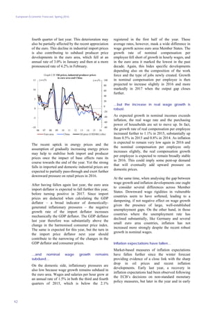 European Economic Forecast, Spring 2016
42
fourth quarter of last year. This deterioration may
also be partially affected by the recent appreciation
of the euro. This decline in industrial import prices
is also contributing to subdued producer price
developments in the euro area, which fell at an
annual rate of 3.0% in January and then at a more
pronounced rate of 4.2% in February.
-80
-60
-40
-20
0
20
40
60
80
100
-10
-5
0
5
10
15
06 07 08 09 10 11 12 13 14 15 16
Euro area China Oil price (USD/bbl.) (rhs)
Graph I.50: Oil prices, industrial producer prices
in euro area and China
y-o-y% y-o-y%
The recent uptick in energy prices and the
assumption of gradually increasing energy prices
may help to stabilise both import and producer
prices once the impact of base effects runs its
course towards the end of the year. Yet the strong
falls in imported and domestic industrial prices are
expected to partially pass-through and exert further
downward pressure on retail prices in 2016.
After having fallen again last year, the euro area
import deflator is expected to fall further this year,
before turning positive in 2017. Since import
prices are deducted when calculating the GDP
deflator – a broad indicator of domestically-
generated inflationary pressures – the negative
growth rate of the import deflator increases
mechanically the GDP deflator. The GDP deflator
last year therefore was substantially above the
change in the harmonised consumer price index.
The same is expected for this year, but the turn in
the import price deflator next year should
contribute to the narrowing of the changes in the
GDP deflator and consumer prices.
…and nominal wage growth remains
subdued…
On the domestic side, inflationary pressures are
also low because wage growth remains subdued in
the euro area. Wages and salaries per hour grew at
an annual rate of 1.5% in both the third and fourth
quarters of 2015, which is below the 2.1%
registered in the first half of the year. These
average rates, however, mask a wide difference in
wage growth across euro area Member States. The
growth rate of nominal compensation per
employee fell short of growth in hourly wages, and
in the euro area it marked the lowest in the past
decade. Again, this hides specific developments
depending also on the composition of the work
force and the type of jobs newly created. Growth
in nominal compensation per employee is then
projected to increase slightly in 2016 and more
markedly in 2017 when the output gap closes
further.
…but the increase in real wage growth is
robust.
As expected growth in nominal incomes exceeds
inflation, the real wage rate and the purchasing
power of households are set to move up. In fact,
the growth rate of real compensation per employee
increased further to 1.1% in 2015, substantially up
from 0.5% in 2013 and 0.8% in 2014. As inflation
is expected to remain very low again in 2016 and
the nominal compensation per employee only
increases slightly, the real compensation growth
per employee is expected to remain broadly stable
in 2016. This could imply some pent-up demand
that will eventually add upward pressure on
domestic prices.
At the same time, when analysing the gap between
wage growth and inflation developments one ought
to consider several differences across Member
States. Downward wage rigidities in vulnerable
countries seem to have softened, leading to a
dampening, if not negative effect on wage growth
given the presence of large, well-established
unemployment gaps. On the other hand, in those
countries where the unemployment rate has
declined substantially, like Germany and several
small euro area countries, inflation has not
increased more strongly despite the recent robust
growth in nominal wages.
Inflation expectations have fallen…
Market-based measures of inflation expectations
have fallen further since the winter forecast
providing evidence of a close link with the sharp
drop in oil prices and recent inflation
developments. Early last year, a recovery in
inflation expectations had been observed following
the ECB’s decisions on non-standard monetary
policy measures, but later in the year and in early
 