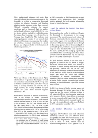 EA and EU outlook
43
2016, market-based indicators fell again. This
reflected inflation developments surprising on the
downside, as evident in consecutive downward
revisions to inflation forecasts, and headline
inflation turning negative earlier than expected.
Although somewhat distorted by market
turbulence and an increased flight to quality,
market-based indicators in early 2016 fell to very
low levels, with the implied forward inflation rate
five years ahead reaching a new all-time low in
February (see Graph I.51). This indicates that
market participants consider it very unlikely that
inflation will pick up soon, suggesting that markets
are attaching increased importance to global
demand and oil price shocks in the formation of
inflation expectations. (57)
0.0
0.5
1.0
1.5
2.0
2.5
3.0
10 11 12 13 14 15 16
%
Maturity date
Graph I.51: Inflation expectations derived from implied
forward inflation-linked swap rates
5 years forward 5 years ahead
3 years forward 3 years ahead
1 year forward 1 year ahead
Source: Bloomberg
At the cut-off date of this forecast on 22 April,
inflation-linked swap rates at the one-year forward
one year ahead horizon stood at 0.7%. Swap rates
at the three-year forward three years ahead horizon
imply an average inflation rate of 0.9%. On a
longer horizon, the widely watched five-year
forward five years ahead indicator suggests
inflation of 1.4%.
Survey-based measures of inflation expectations,
such as the average of market forecasters
calculated by Consensus Economics, were revised
down in the first months of 2016, to 0.3% in April
(0.8% in January). For 2017, the forecast mean is
for 1.4% (down from 1.5%). The ECB’s April
2016 Survey of Professional Forecasters includes
inflation forecast means of 0.3% in 2016 (down
from 0.7% in the January survey), 1.3% in 2017
(1.4%), and 1.6% (1.8%) in 2018. The longer-term
inflation expectations (for 2020) stood unchanged
(57)
See Larkin J. (2016). ‘Oil prices and inflation expectations:
An investigation into the contribution of global demand
and oil supply shocks to euro area inflation expectations.’
Central Bank of Ireland, Quarterly Bulletin 2/2016, pp. 47–
48.
at 1.8%. According to the Commission’s surveys,
consumer price expectations have remained
positive although the level remains substantially
below its historical average.
…and the outlook for inflation has been
revised down...
Looking ahead, the profile for inflation will again
be dominated by developments in the energy
component. The recent increase in oil prices will
be to an extent muted by the appreciation of the
euro but the impact of the past oil price decline on
inflation will be almost completely passed through
in the coming quarters. Given the assumed path of
commodity prices, inflation is expected to remain
very low in the first half of this year, especially in
the second quarter, but then to step up higher in the
second half of the year when positive base effects
come to dominate. From there, any pick-up in oil
prices will quickly feed into price increases.
In 2016, headline inflation in the euro area is
projected to come in at 0.2%, which is 0.3 pps.
lower than forecast in the winter. Core inflation is
expected to remain broadly stable before picking
up gradually towards the end of the year.
Moreover, the persistent weakness of core inflation
in the euro area largely reflects the still negative
output gap since the crisis and subdued
developments in nominal compensation per
employee. However, as the output gap is projected
to narrow further over the forecast horizon, upward
pressures on core inflation are expected to become
more evident.
In 2017, the impact of higher nominal wages and
domestic demand, the further narrowing of the
output gap and the assumed moderate increase in
oil prices should feed into increasing underlying
price pressures. Positive base effects are expected
to have a more noticeable impact than this year. As
the headline inflation rate is expected to pick up,
the gap with core inflation is set to close. Inflation
in 2017 is projected to stand at 1.4%.
…with inflation differentials expected to
narrow.
Aggregate HICP inflation rates mask substantial
differences between euro area Member States
(Graph I.52). In 2015, HICP inflation rates in the
Member States ranged from -1.5% in Cyprus to
1.2% in Malta. In 2016, inflation rates are
expected to range from -0.7% in Cyprus to 1.7% in
 