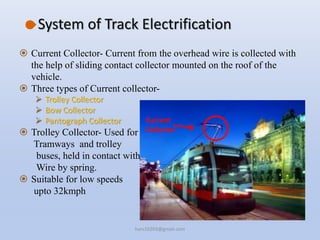 System of Track Electrification
 Current Collector- Current from the overhead wire is collected with
the help of sliding contact collector mounted on the roof of the
vehicle.
 Three types of Current collector-
 Trolley Collector
 Bow Collector
 Pantograph Collector
 Trolley Collector- Used for
Tramways and trolley
buses, held in contact with overhead
Wire by spring.
 Suitable for low speeds
upto 32kmph
Current
Collector
hars10203@gmail.com
 