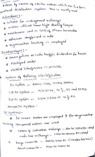doive hy means ob elechic mploss ohich
onf.d o
Nert
ad disbibuhon ysem This is mosly used
Advapeyo-
Sutable for udergund railways
melos ukli sed hove high sas ng torque.
m a m e n a n c e
cosr isSo%oh steom locomoho
*adhesion
ocbicient
is moe
veg enemhve brahing is employed
Disadvanfag
paer 4ailure
nvsulhs habbic dislcahonfa hours
*elechijied nxtes
*elechmcal
infeshesance. isposeiblo
Aslems o Railuwoselec.hihicahon
Desysm-6oou,1EoV, 1500u, GO0OU.
-AC
Sysem
15o95kv 16,25 and 5otHz
3-pAcsysl
33to3.6ky at 164z
Composie syst
sysemi-
D e sees motor ae employed for egeneahe
a Compound motoíS ave. used
oxoina
rebon ep Subusan mil4s- 60o to 750v DeLSed
man line ailanys
ISn ko soooy dcused
la
Goo to 7soV De Ccducko Yad)
Cirore ns
m ) c u o r e n k
500 ko 50OV DC
 